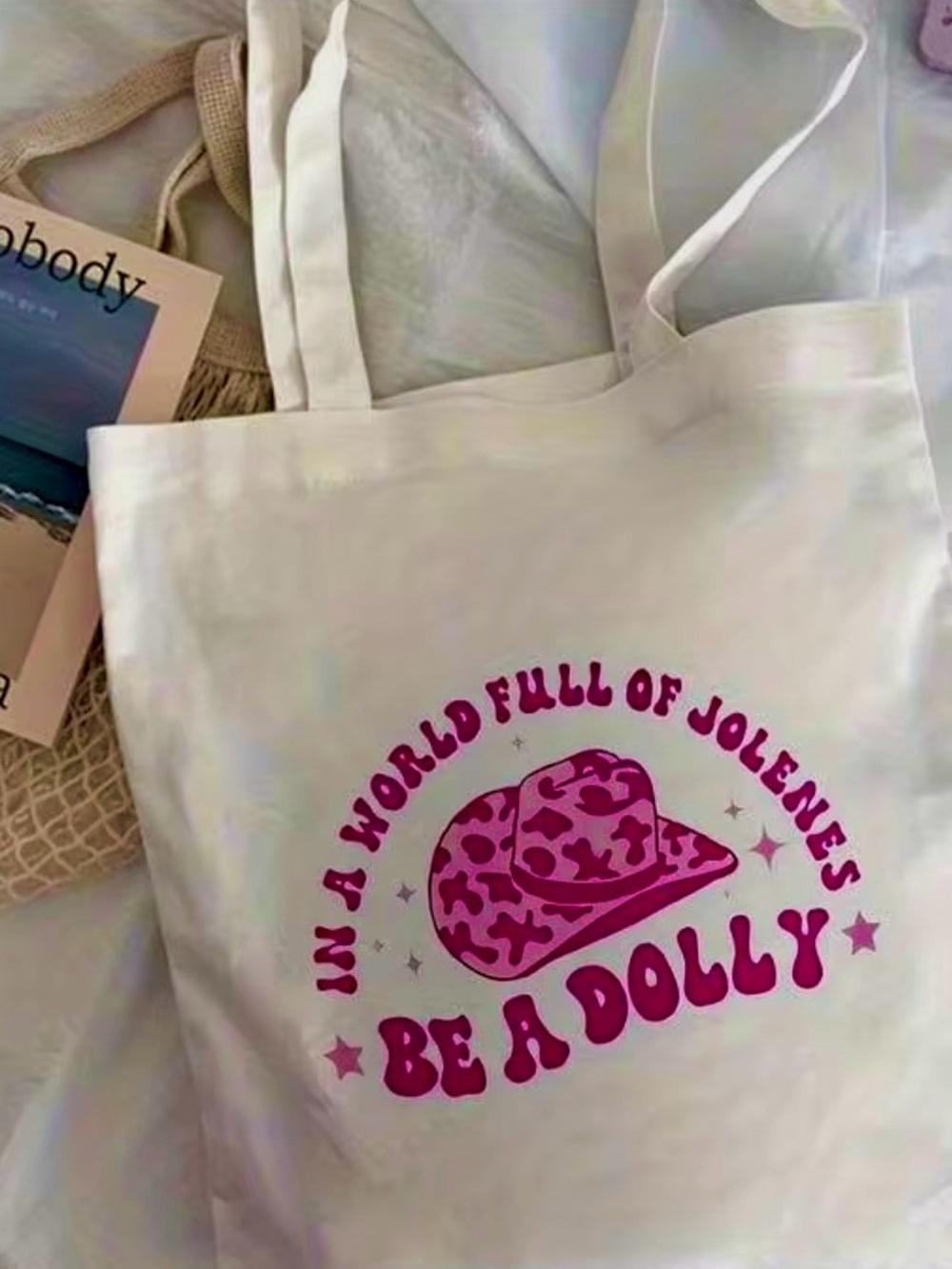 Dolly Parton Tote, Pink "In a World Full of Jolenes, Be a Dolly” & Leopard Hat - Picture 3 of 5